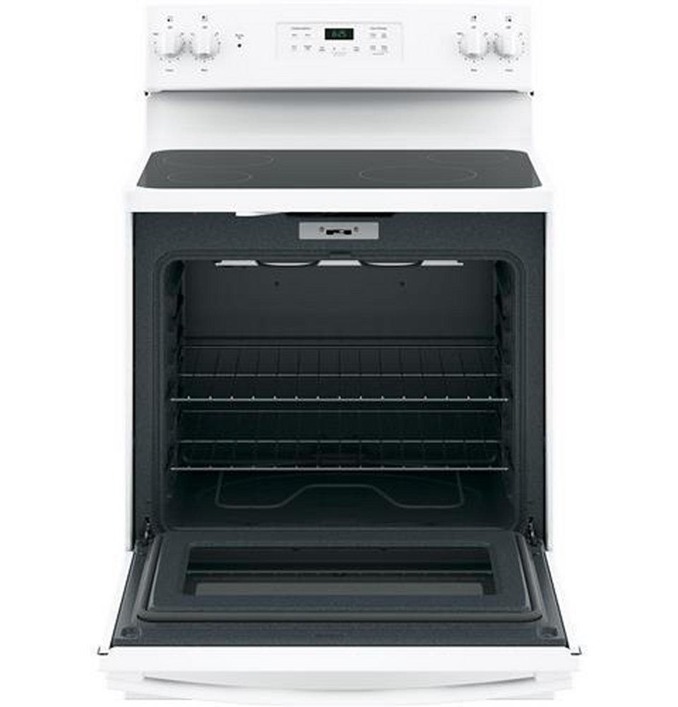 GE&reg; White 29-7/8 in. Dual Fuel 4-Burner Radiant Smoothtop Freestanding Range 