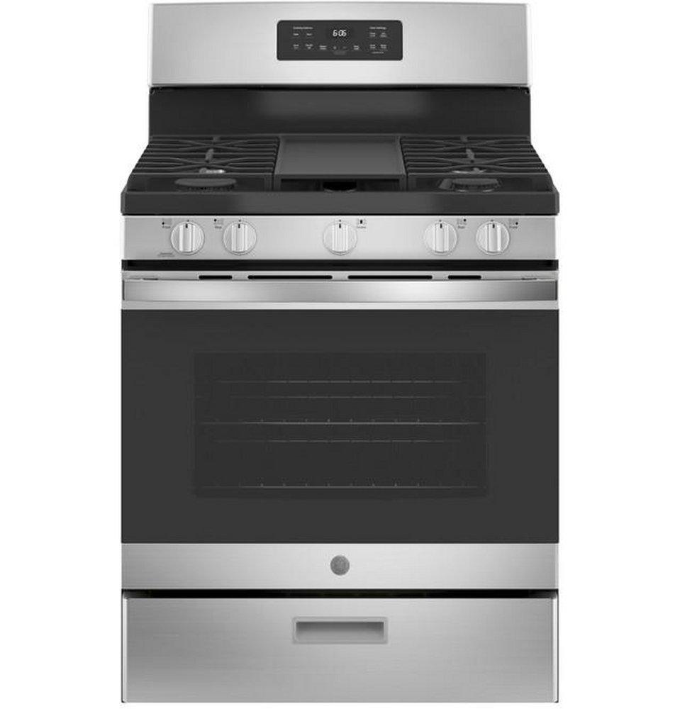 GE® Stainless Steel/Black 30 in. Gas 5-Burner Sealed Freestanding Range 