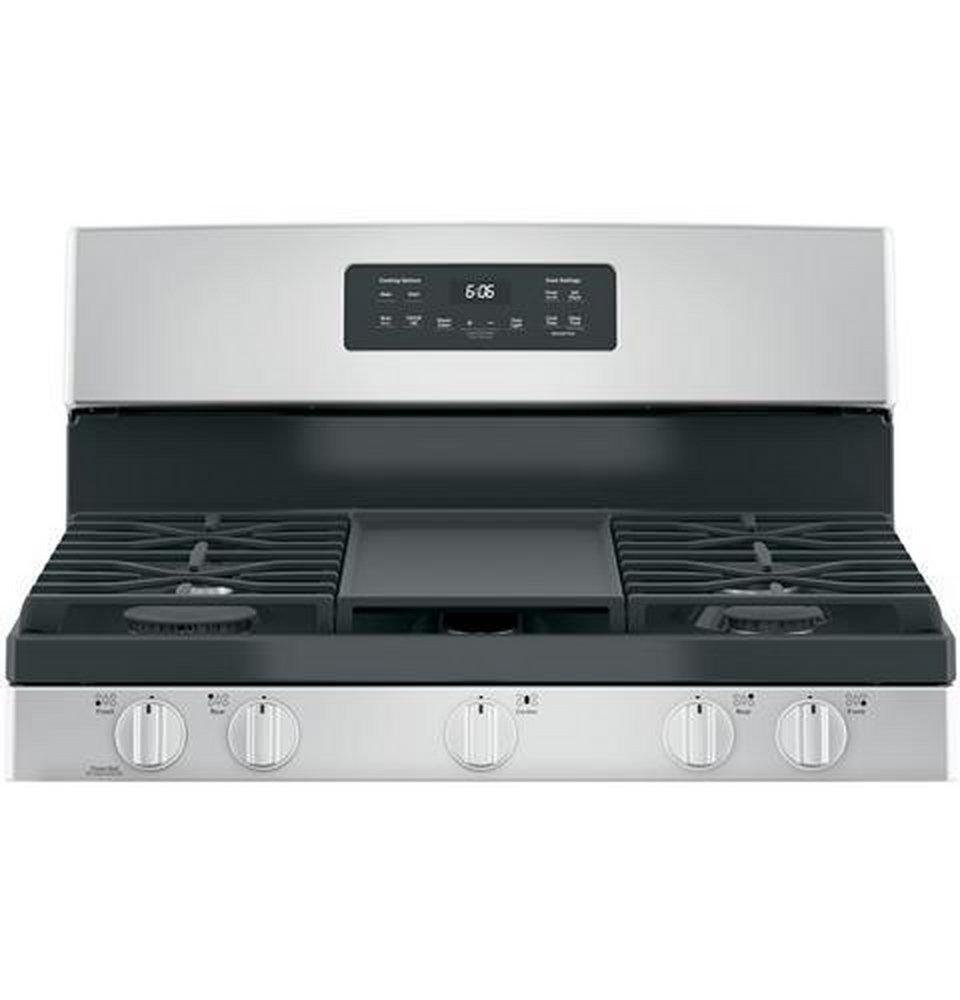 GE® Stainless Steel/Black 30 in. Gas 5-Burner Sealed Freestanding Range 