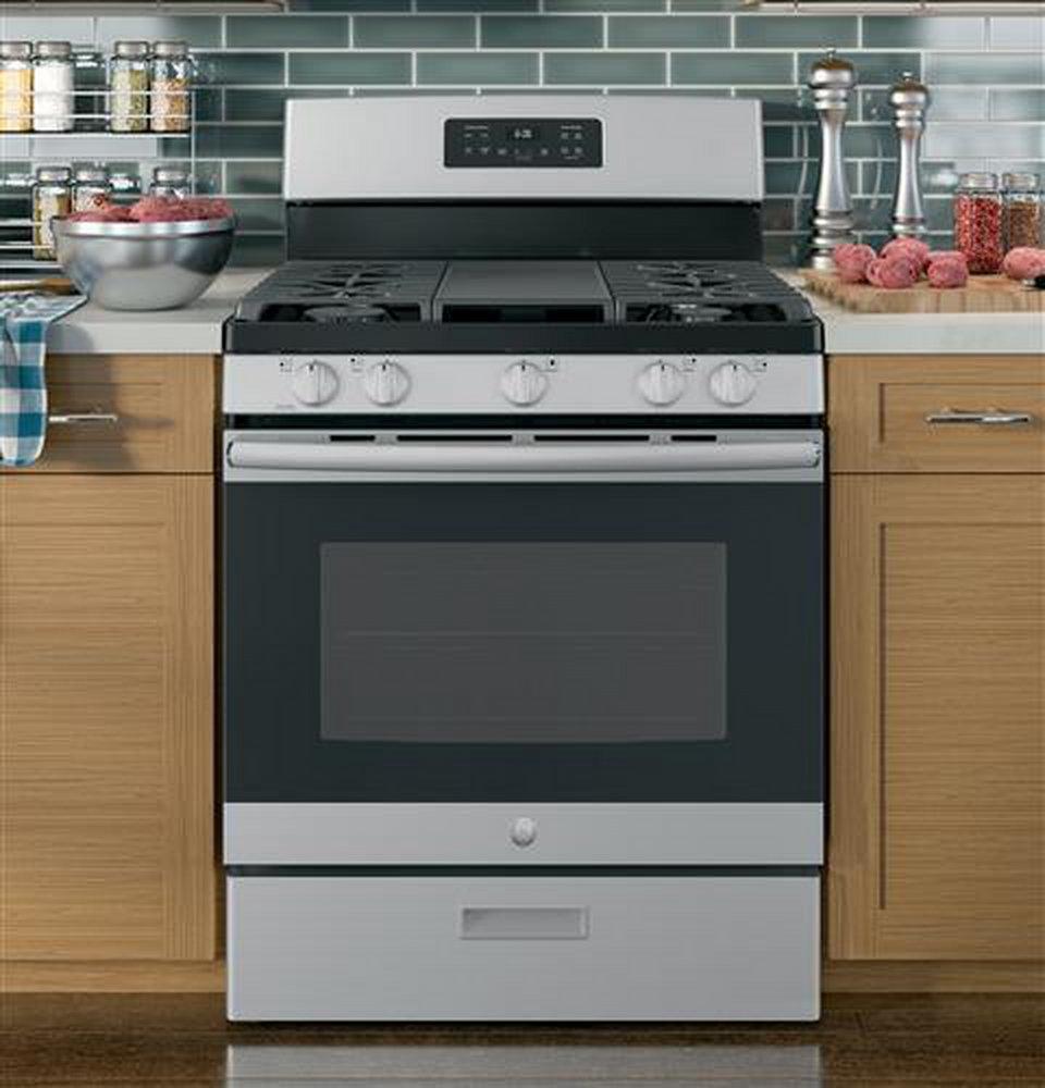 GE® Stainless Steel/Black 30 in. Gas 5-Burner Sealed Freestanding Range 