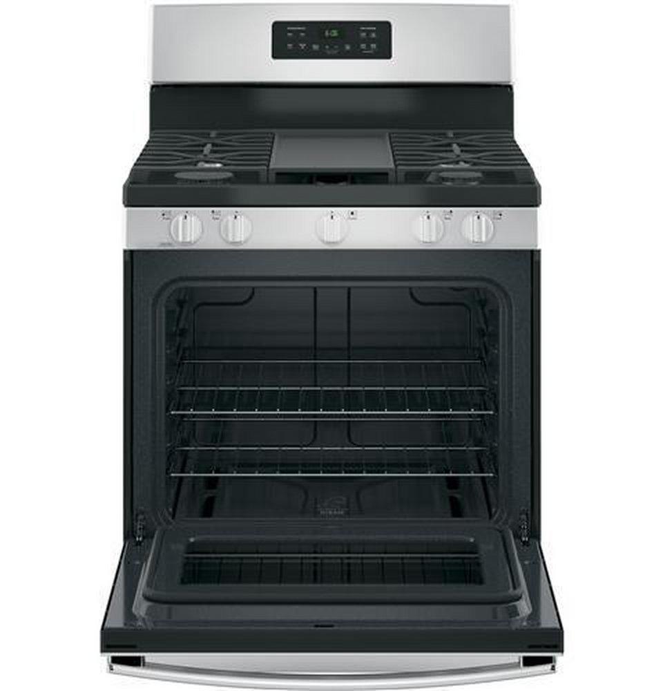 GE® Stainless Steel/Black 30 in. Gas 5-Burner Sealed Freestanding Range 