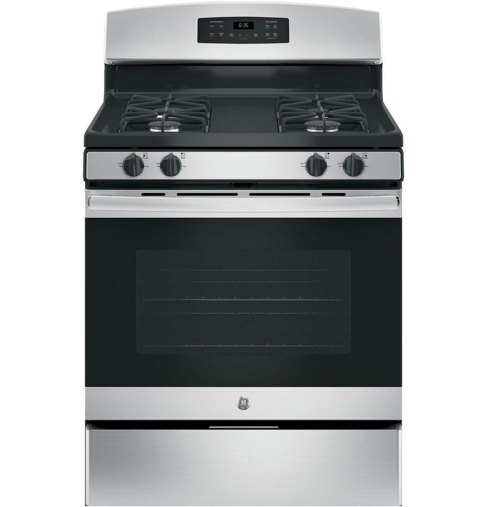 GE&reg; Stainless Steel/Black 30 in. Gas 4-Burner Sealed Freestanding Range 