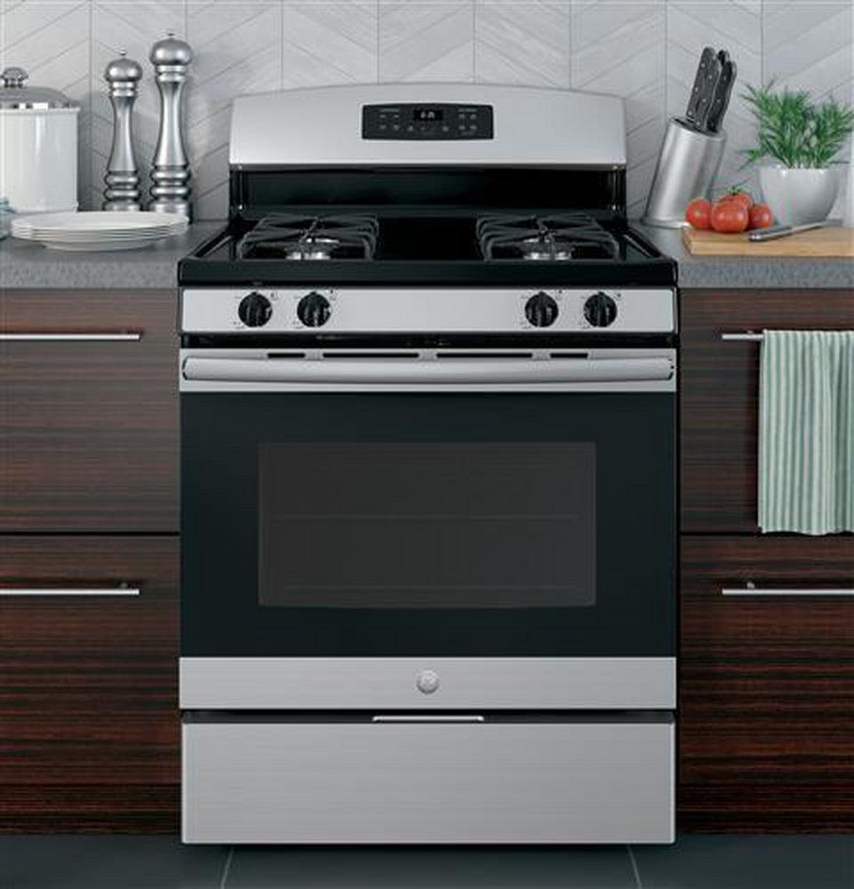 GE&reg; Stainless Steel/Black 30 in. Gas 4-Burner Sealed Freestanding Range 