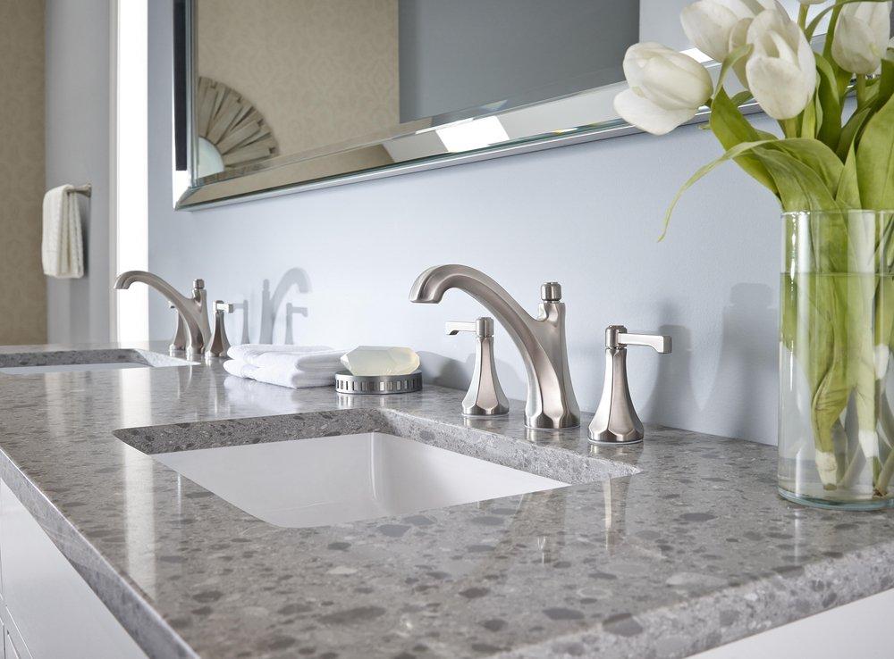 Pfister Brushed Nickel 3-Hole Widespread Lavatory Faucet with Double Lever Handle and 5-11/16 in. Spout Reach 