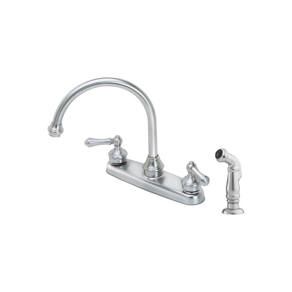Pfister Stainless Steel 1.8 gpm 4-Hole Deck Mount Kitchen Sink Faucet with Double-Handle and Swivel Spout 