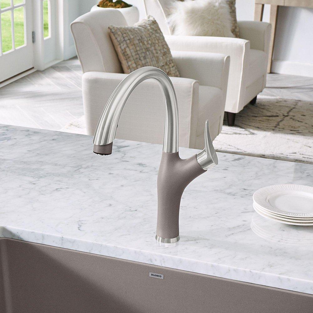 BLANCO PVD Steel/Truffle Single Handle Pull Down Kitchen Faucet 