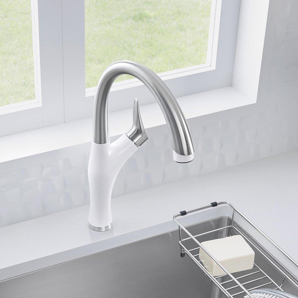 BLANCO PVD Steel/White Single Handle Pull Down Kitchen Faucet 