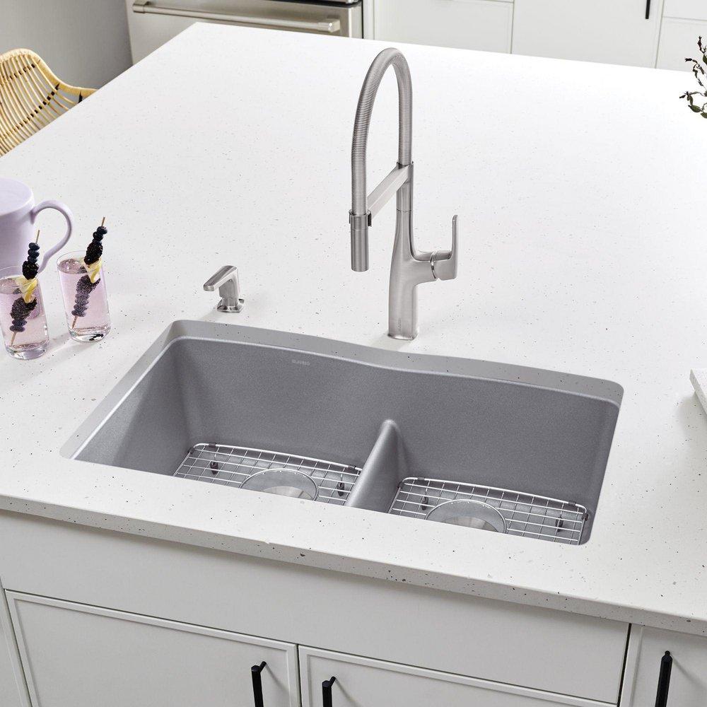 BLANCO Metallic Grey 32 x 19-1/4 in. No Hole Composite Double Bowl Undermount Kitchen Sink 