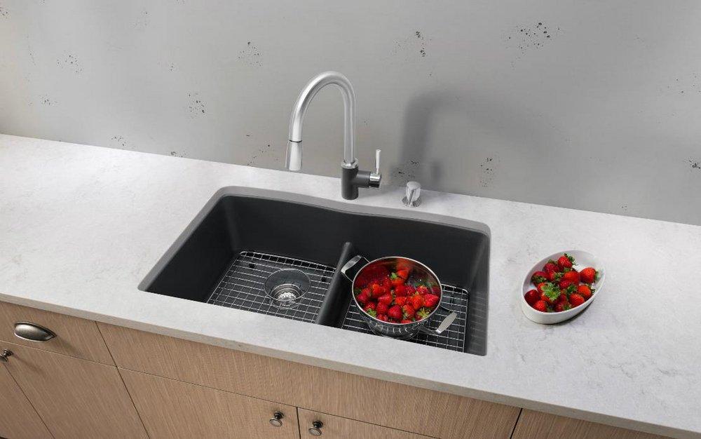 BLANCO Metallic Grey 32 x 19-1/4 in. No Hole Composite Double Bowl Undermount Kitchen Sink 