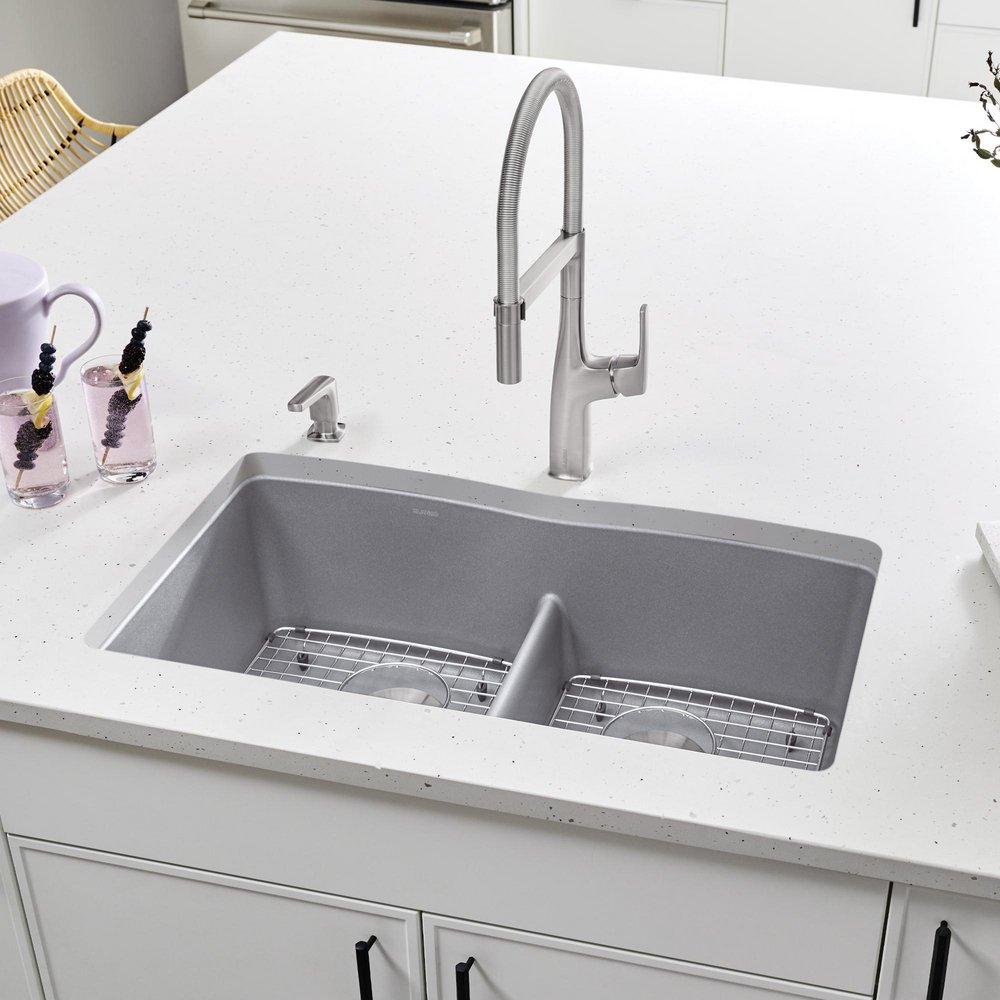 BLANCO Metallic Grey 32 x 19-1/4 in. No Hole Composite Double Bowl Undermount Kitchen Sink 
