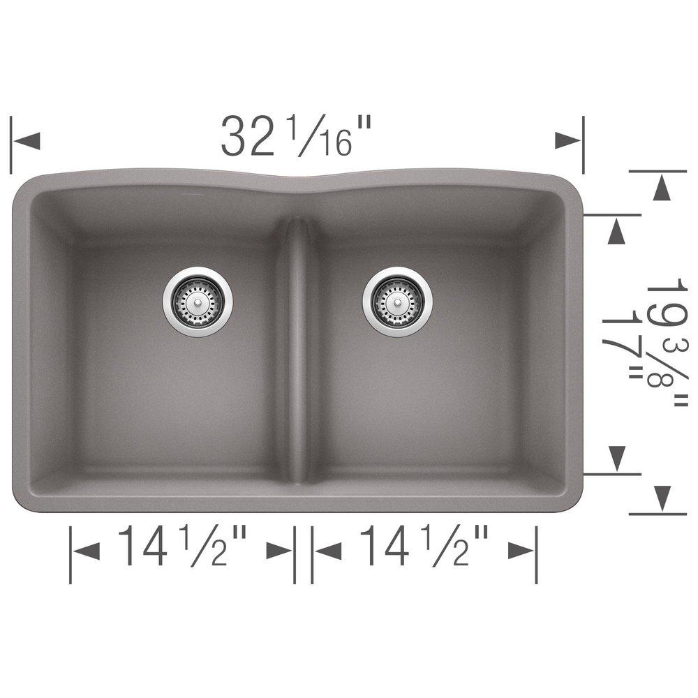 BLANCO Metallic Grey 32 x 19-1/4 in. No Hole Composite Double Bowl Undermount Kitchen Sink 
