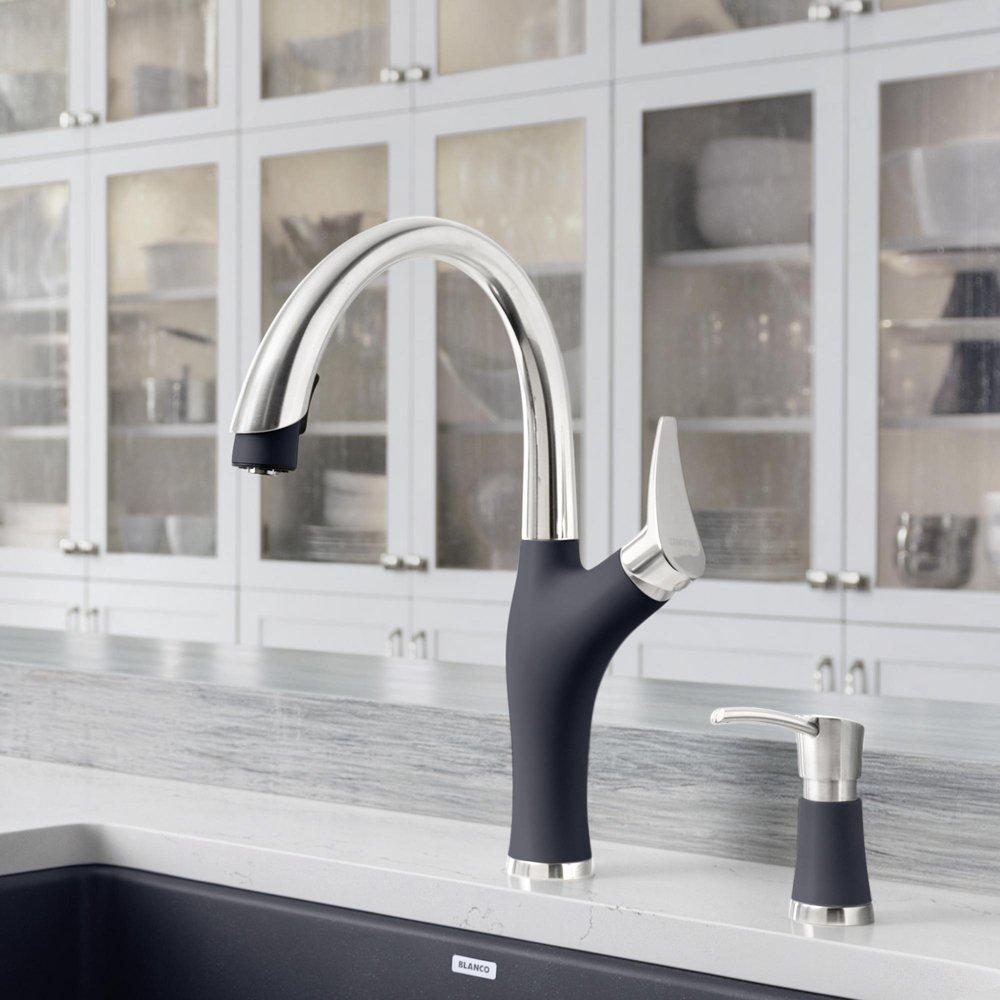 BLANCO PVD Steel/Anthracite Single Handle Pull Down Kitchen Faucet 