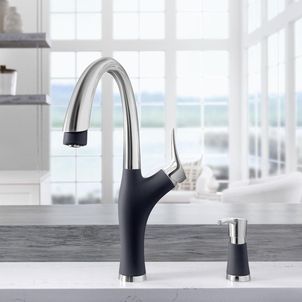 BLANCO PVD Steel/Anthracite Single Handle Pull Down Kitchen Faucet 