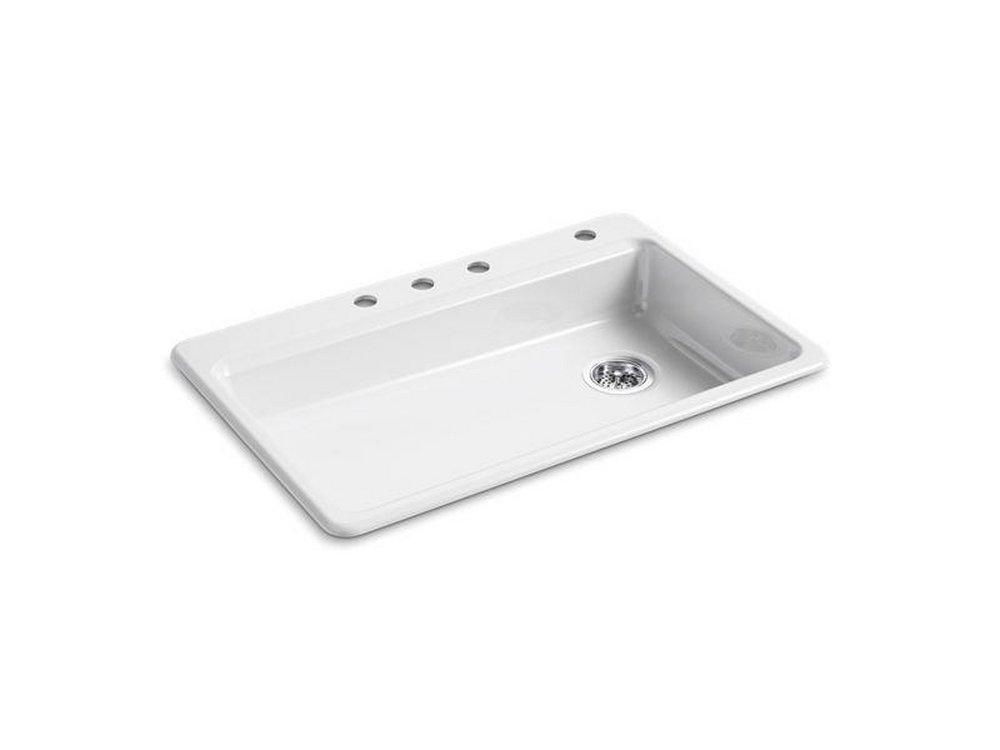 KOHLER White 33 x 22 in. 4 Hole Cast Iron Single Bowl Drop-in Kitchen Sink 