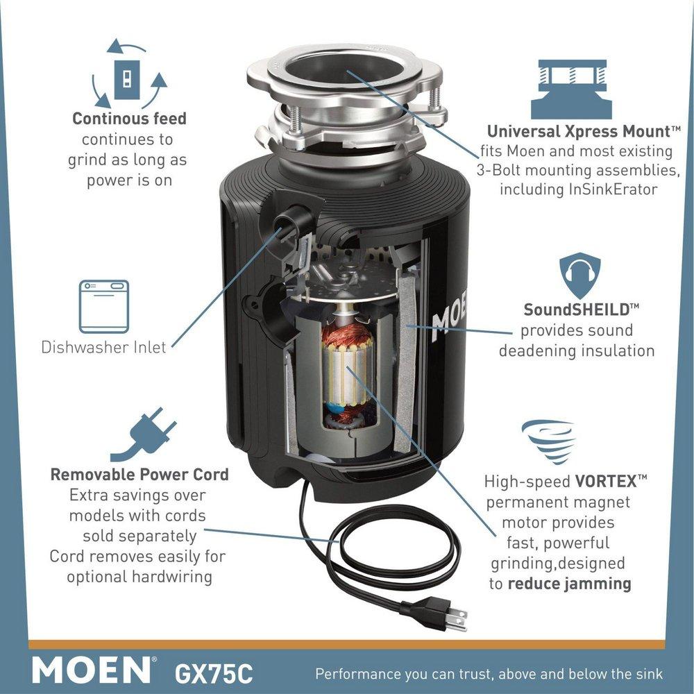 Moen Black Continuous Feed Garbage Disposal with Pre-Installed Power Cord and SoundSHIELD Technology 