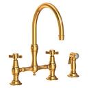 Two Handle Bridge Kitchen Faucet with Side Spray in Aged Brass