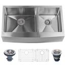 Miseno Stainless Steel 37-7/8 x 20-3/4 in. Stainless Steel Double Bowl Farmhouse Kitchen Sink - Includes Basin Racks and Drains 