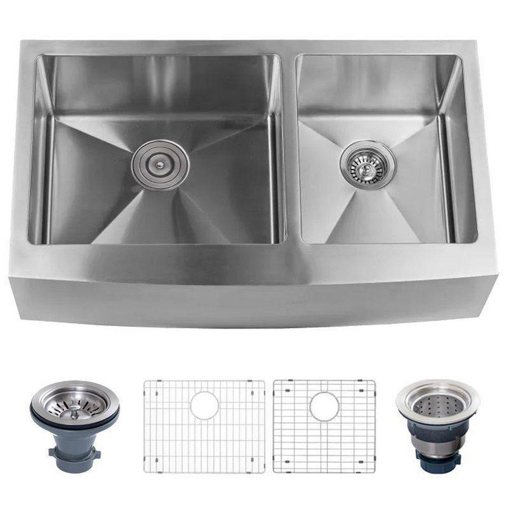Miseno Stainless Steel 10 in. 16 ga Double Bowl Farmhouse Kitchen Sink 