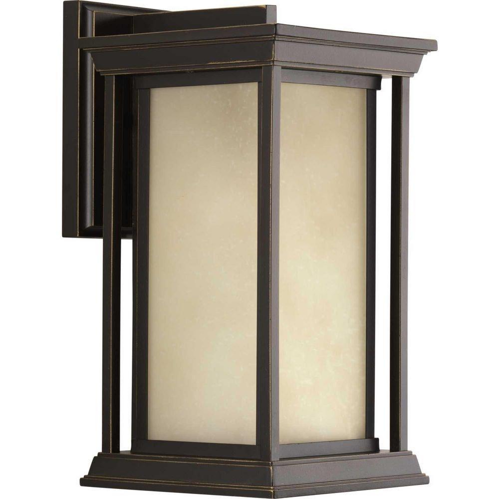 Progress Lighting Antique Bronze 1-Light 100W 9-1/2 in. Outdoor Wall Sconce with Etched Umber Linen Glass 