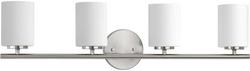 32" W Up or Down 4 Light Bathroom Vanity Light Fixture with Etched Glass Shades and Small Round Backplate in Brushed Nickel