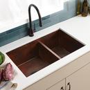 Native Trails Antique Copper 33 x 21 in. No Hole Copper Double Bowl Undermount Kitchen Sink 