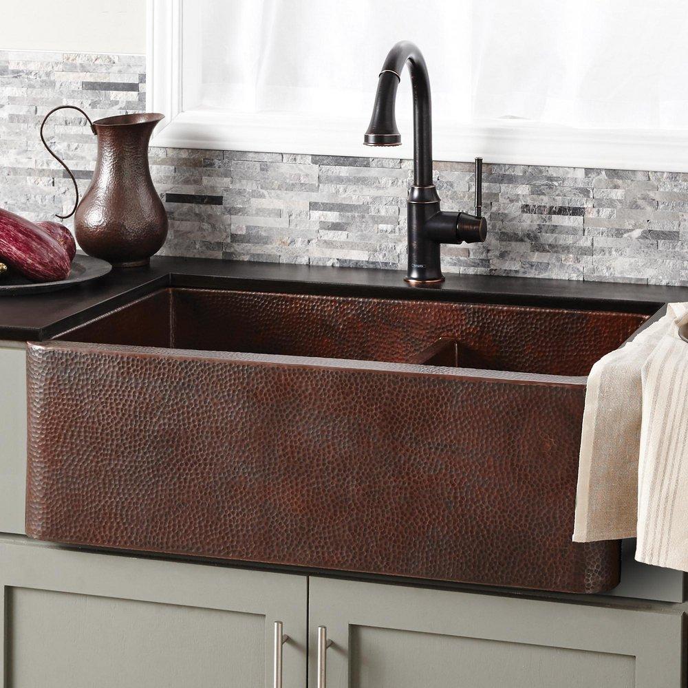 Native Trails Antique Copper 33 x 22 in. Copper Double Bowl Farmhouse Kitchen Sink 