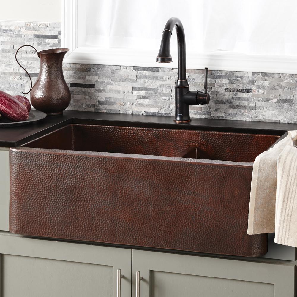 Native Trails Antique Copper 33 x 22 in. Copper Double Bowl Farmhouse Kitchen Sink 