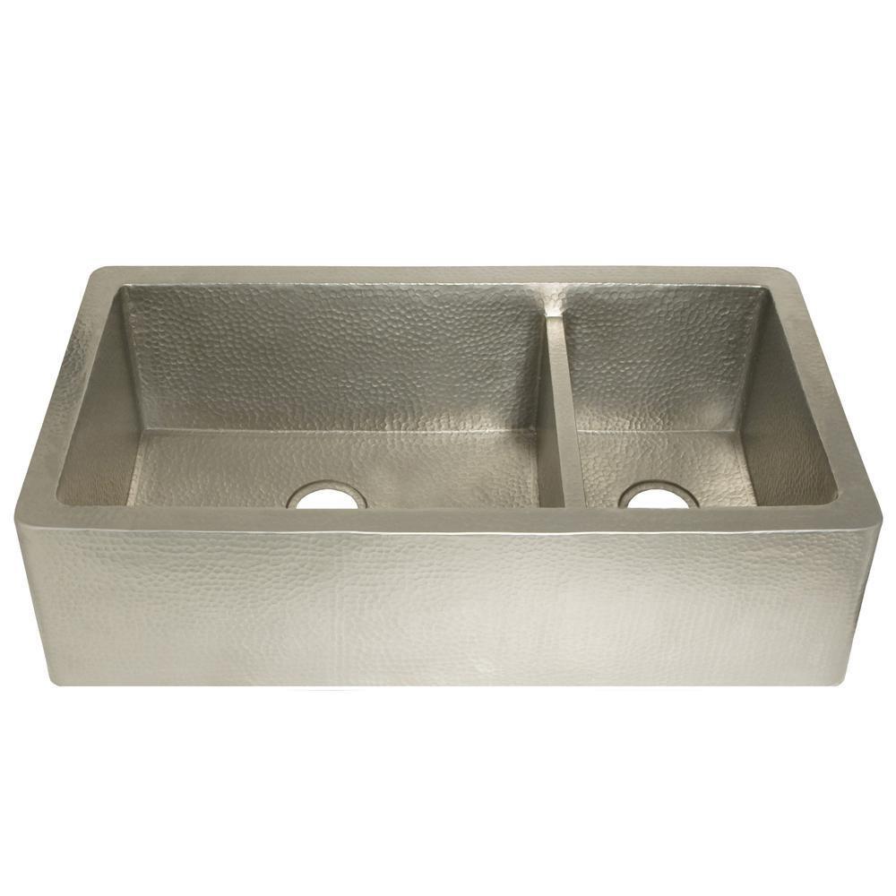 Native Trails Brushed Nickel 40 x 22 in. No Hole Copper Double Bowl Apron Front Kitchen Sink 