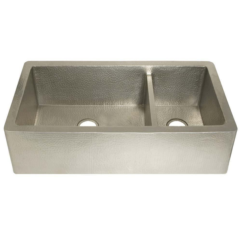Native Trails Brushed Nickel 40 x 22 in. No Hole Copper Double Bowl Apron Front Kitchen Sink 