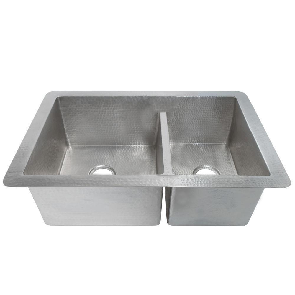 Native Trails Brushed Nickel 33 x 21 in. No Hole Copper Double Bowl Undermount Kitchen Sink 