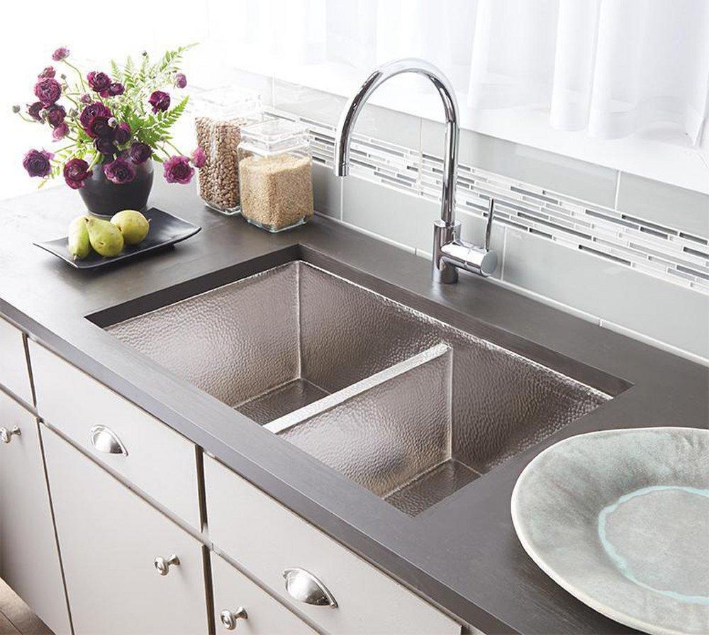 Native Trails Brushed Nickel 33 x 21 in. No Hole Copper Double Bowl Undermount Kitchen Sink 