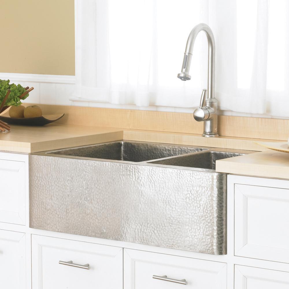 Native Trails Brushed Nickel 33 x 22 in. Copper Double Bowl Farmhouse Kitchen Sink 