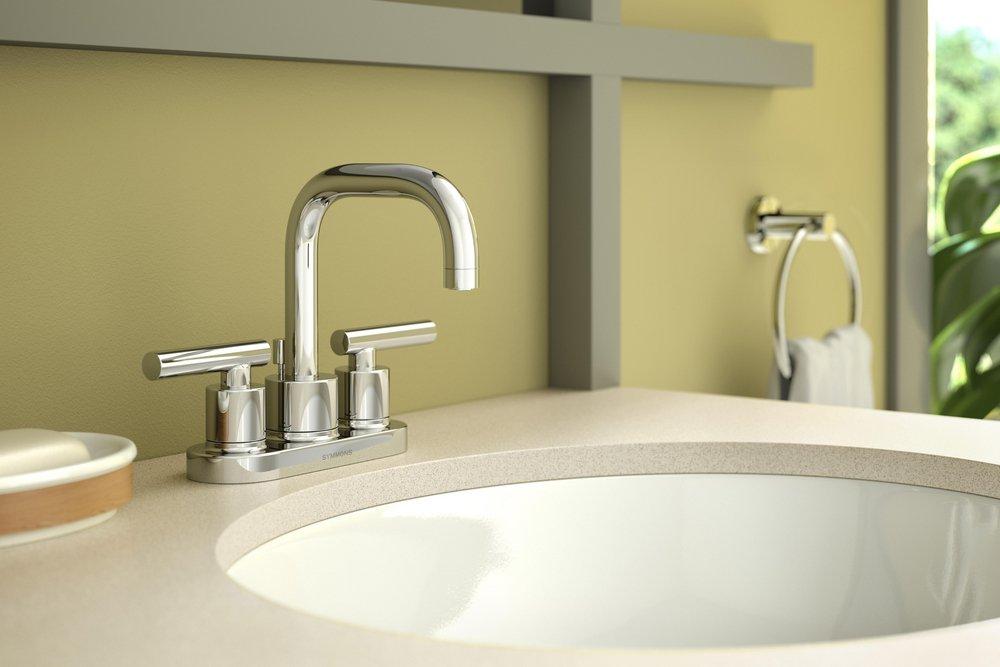 Symmons Industries Polished Chrome Two Handle Centerset Bathroom Sink Faucet Lever Handle 