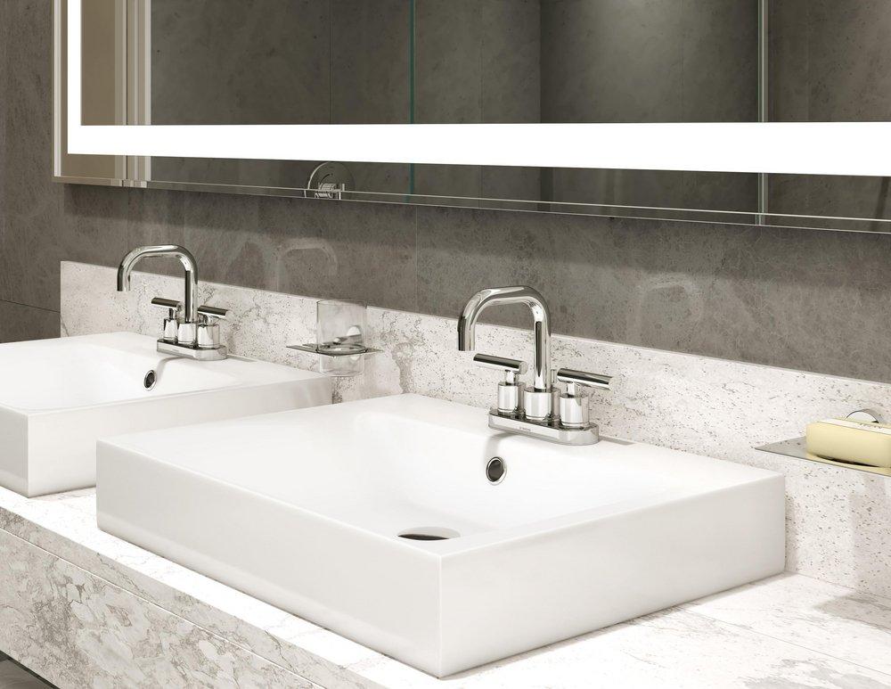 Symmons Industries Polished Chrome Two Handle Centerset Bathroom Sink Faucet Lever Handle 