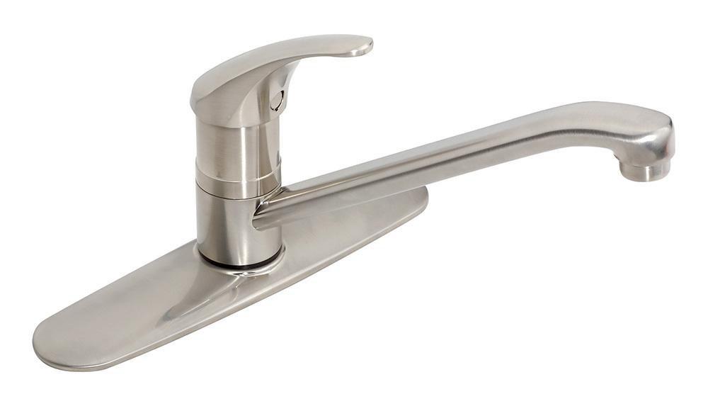 Symmons Industries Satin Nickel 1.5 gpm 3-Hole Deck Mount Kitchen Faucet with Single Lever Handle, 8 in. Center Size, Swing Spout and 8-3/4 in. Reach 