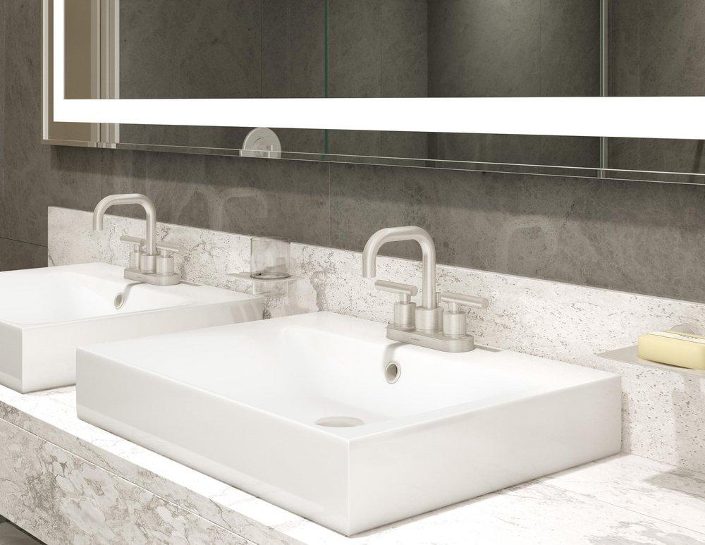 Two Handle Centerset Bathroom Sink Faucet in Satin Nickel 