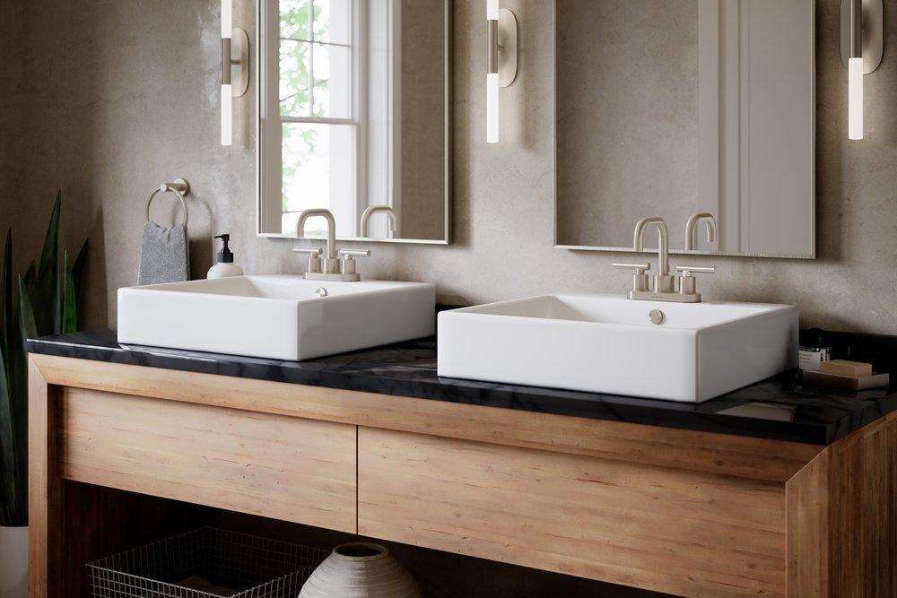 Two Handle Centerset Bathroom Sink Faucet in Satin Nickel 