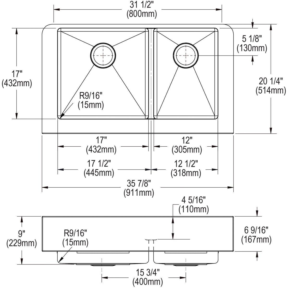 Elkay Polished Satin 31-1/2 x 20-1/4 in. No-Hole Stainless Steel Double Bowl Apron Front Kitchen Sink 