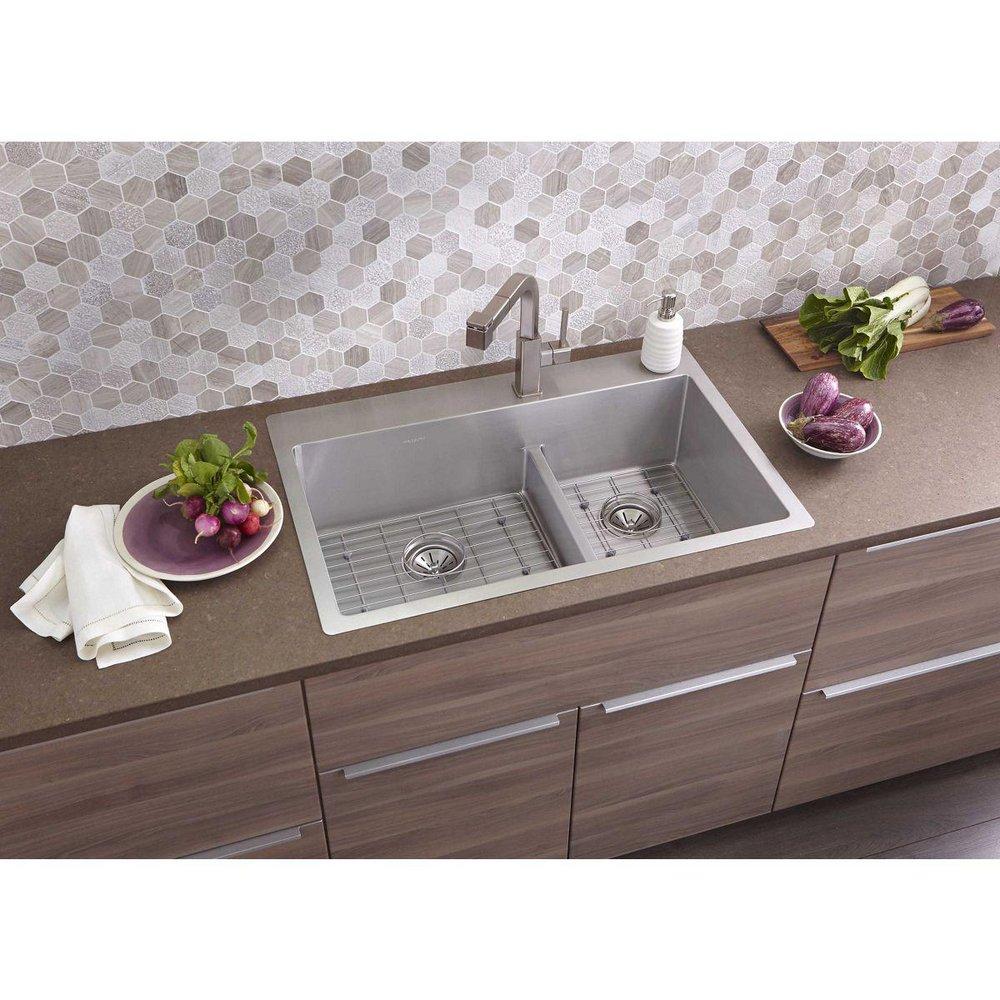 Elkay Polished Satin 33 x 22 in. Stainless Steel Double Bowl Dual Mount Kitchen Sink with Sound Dampening - Includes Bottom Grids 