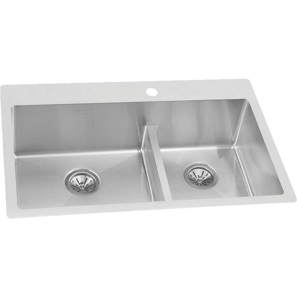 Elkay Polished Satin 33 x 22 in. Stainless Steel Double Bowl Dual Mount Kitchen Sink with Sound Dampening - Includes Bottom Grids 