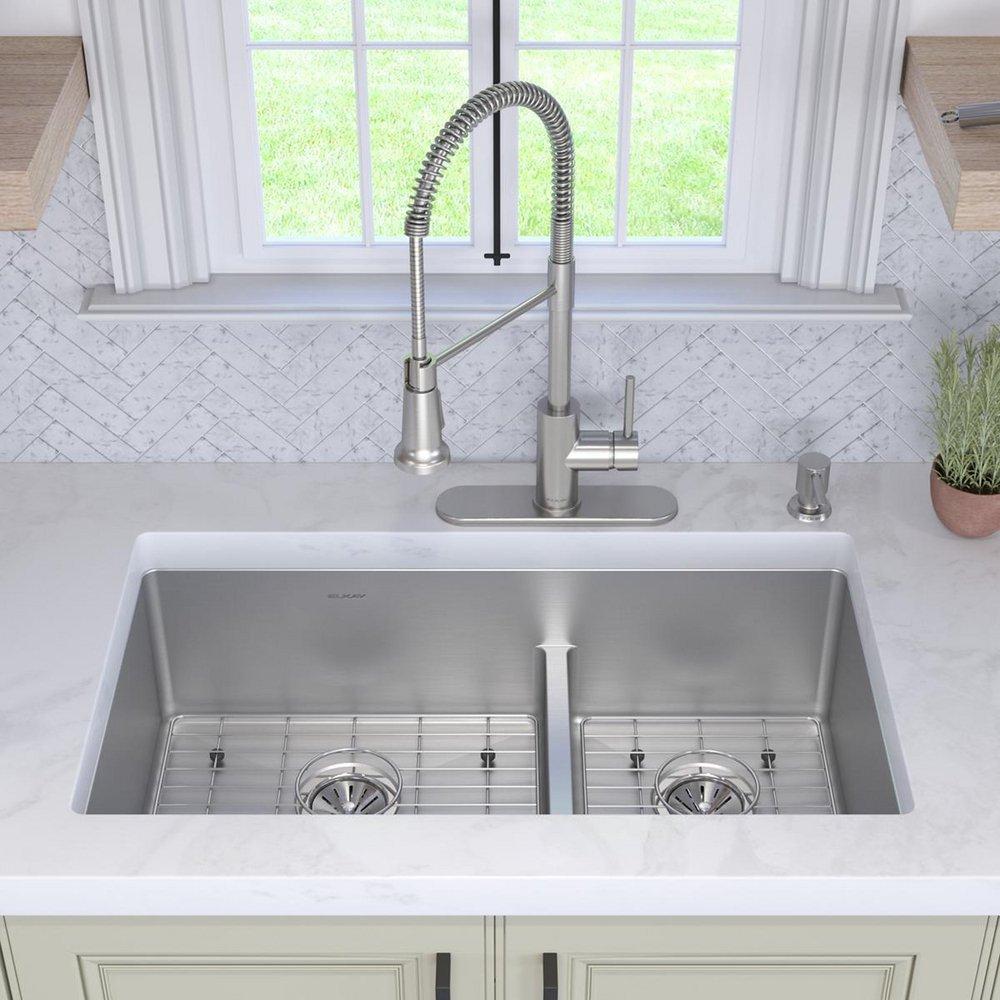 Elkay Polished Satin 33 x 22 in. Stainless Steel Double Bowl Dual Mount Kitchen Sink with Sound Dampening - Includes Bottom Grids 