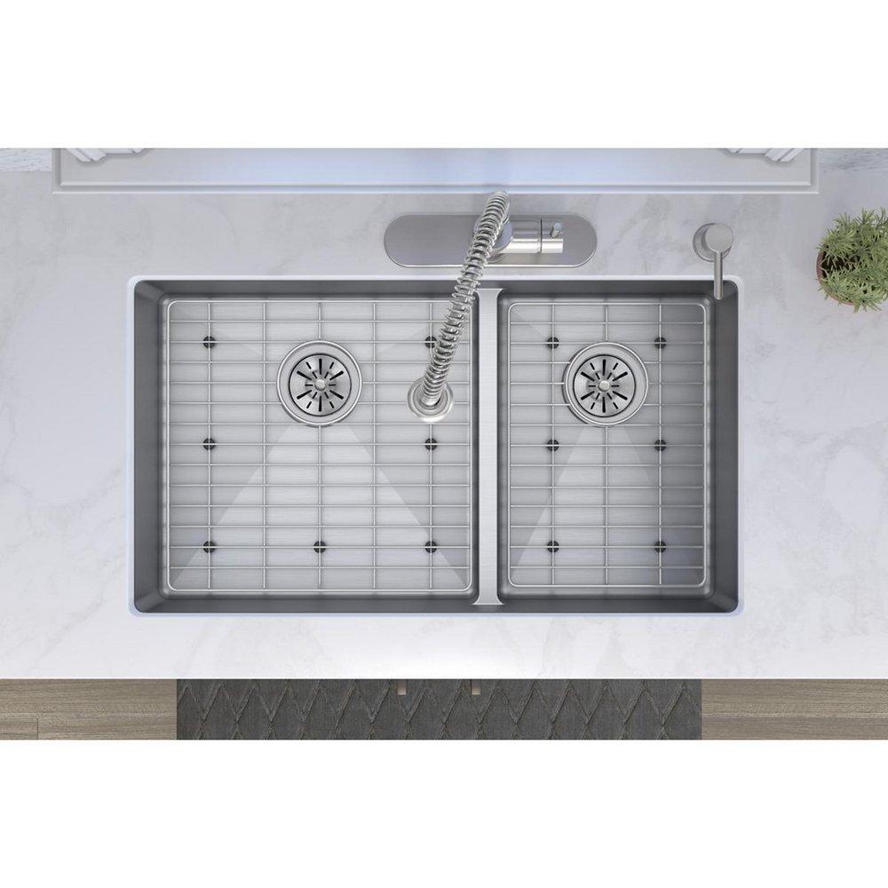 Elkay Polished Satin 33 x 22 in. Stainless Steel Double Bowl Dual Mount Kitchen Sink with Sound Dampening - Includes Bottom Grids 