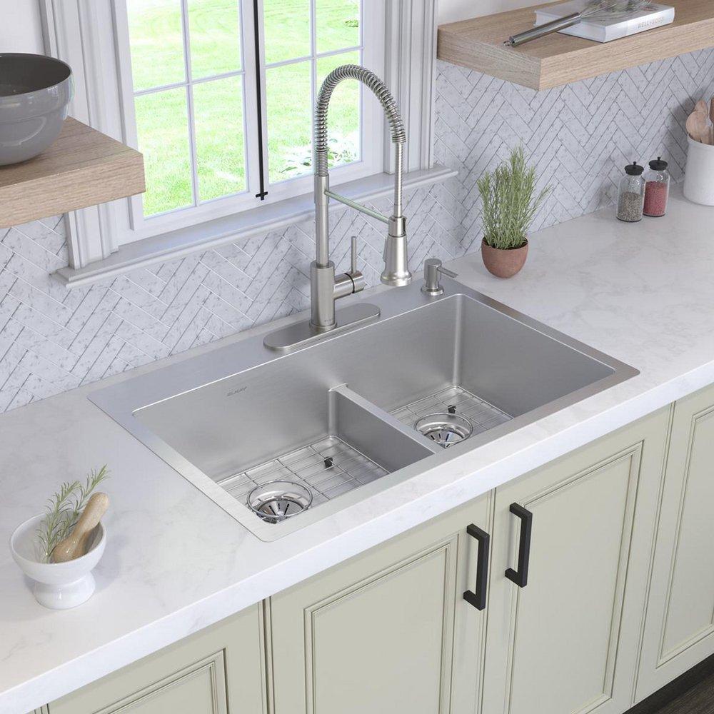 Elkay Polished Satin 33 x 22 in. Stainless Steel Double Bowl Dual Mount Kitchen Sink with Sound Dampening - Includes Bottom Grids 