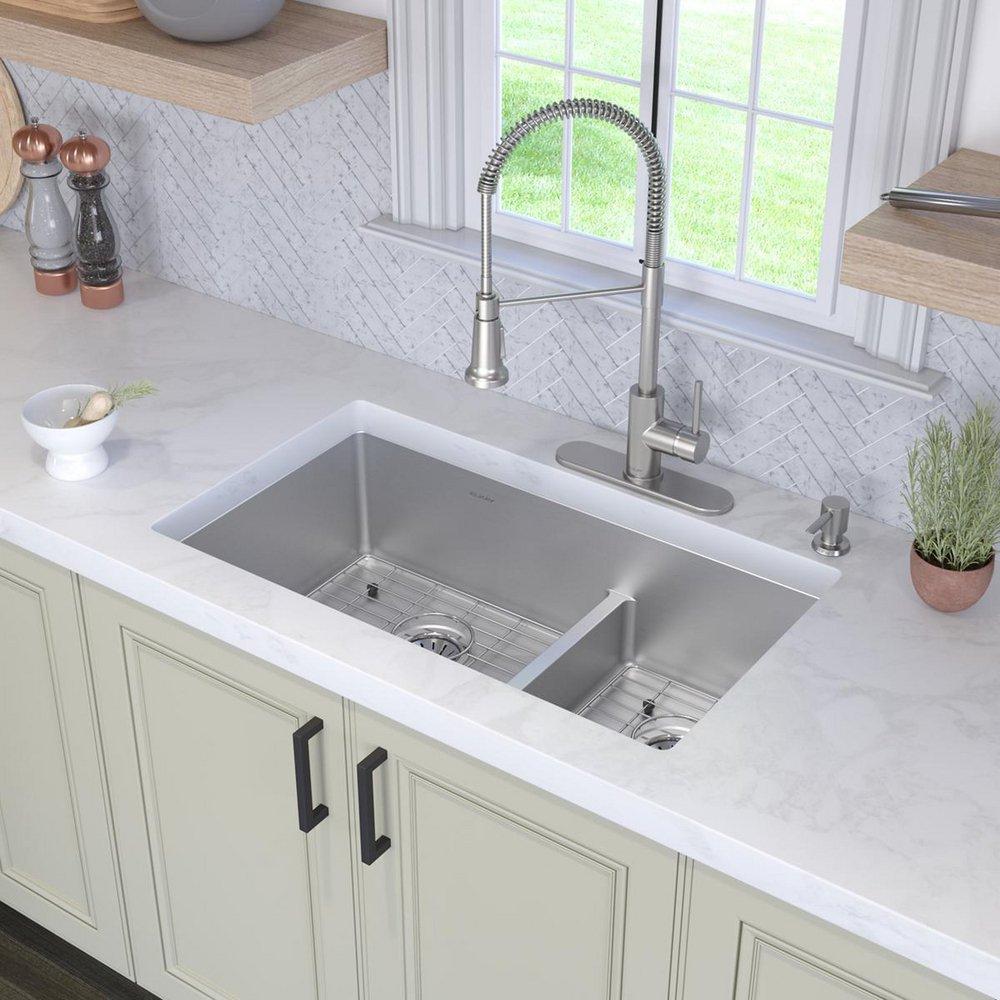 Elkay Polished Satin 33 x 22 in. Stainless Steel Double Bowl Dual Mount Kitchen Sink with Sound Dampening - Includes Bottom Grids 
