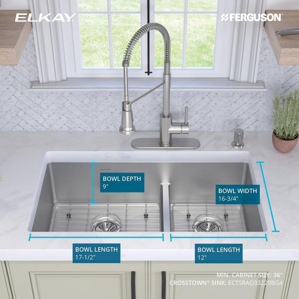 Elkay Polished Satin 33 x 22 in. Stainless Steel Double Bowl Dual Mount Kitchen Sink with Sound Dampening - Includes Bottom Grids 