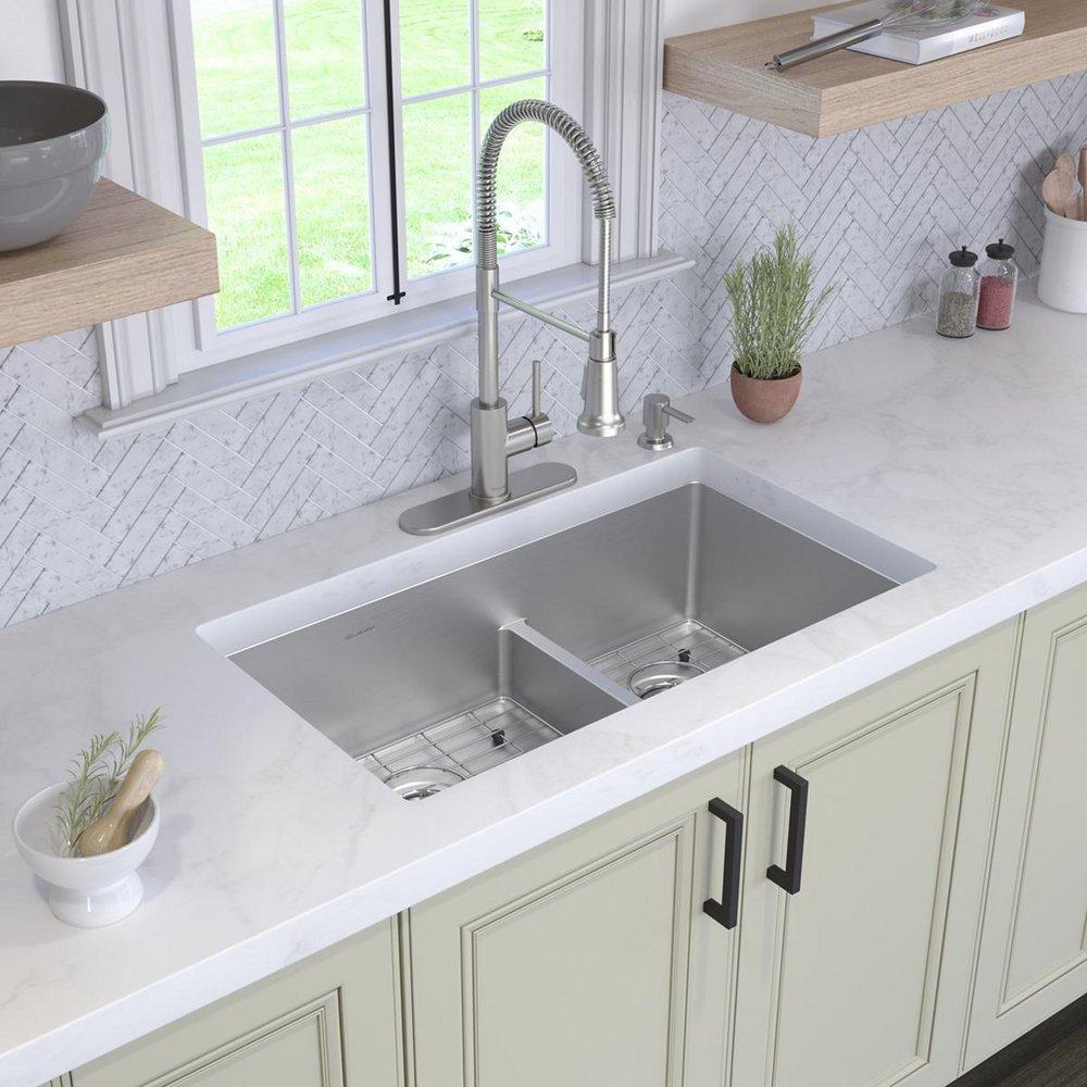 Elkay Polished Satin 33 x 22 in. Stainless Steel Double Bowl Dual Mount Kitchen Sink with Sound Dampening - Includes Bottom Grids 