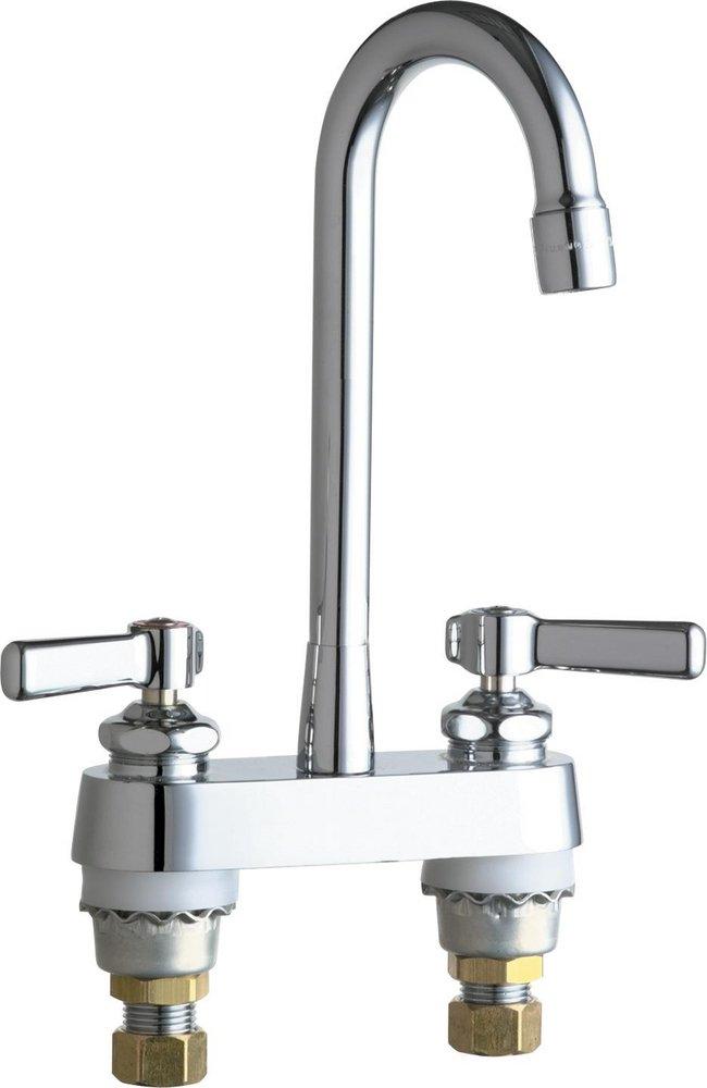 Chicago Faucets Polished Chrome 1 gpm 2-Hole Deck Mount Widespread Lavatory Faucet with Double Lever Handle, Rigid Spout and 4 in. Center Size 