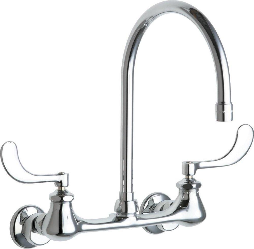 Chicago Faucets Polished Chrome 1.5 gpm 2-Hole Wall Mount Kitchen Sink Faucet with Single Wristblade Handle, 8 in. Center Size, Rigid and Swing Gooseneck Spout 8 in. Reach 