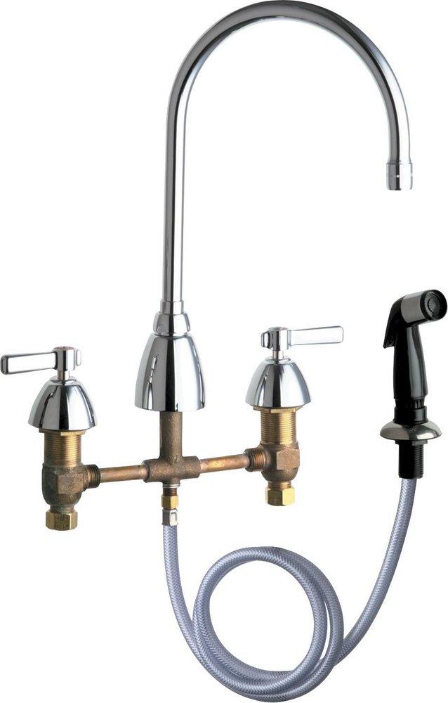 Chicago Faucets Polished Chrome 1.5 gpm 4 Hole Deck Mount Widespread Hot and Cold Water Sink Faucet with Double Lever Handle 