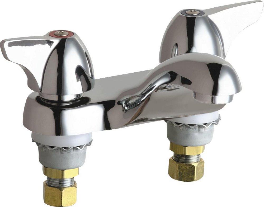 Chicago Faucets Polished Chrome 0.5 gpm 2 Hole Deck Mount Minispread Hot and Cold Water Sink Faucet with Double Canopy Single Wing Handle 